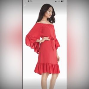 New! Coral Off-The-Shoulder Flounce Dress  White house black market